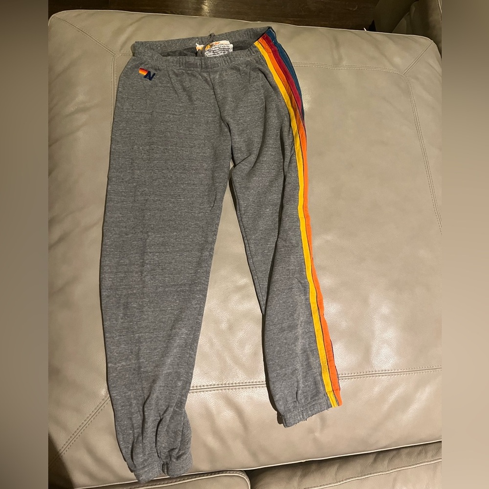 Aviator Nation Gray Sweatpants with Rainbow Stripes